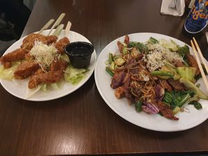 Phad Thai and Muu Sate at Thai Vegan Kitchen in Helsinki