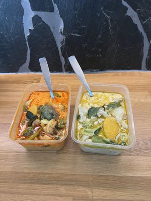 Red and green curries  at Thai Vegan Kitchen in Helsinki