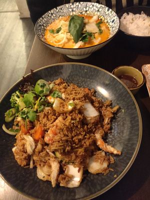 Not-really-shrimp fried rice and Red Curry - both very worth the money! at Thai Vegan Kitchen in Helsinki