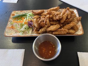 Muu Thood Krathiam (Stir fried soy protein)  at Thai Vegan Kitchen in Helsinki