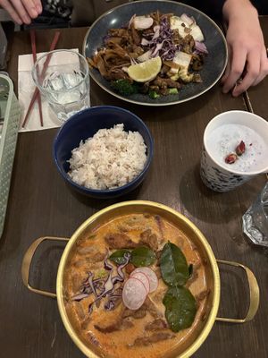 Red curry with soy protein and noodles with soy protein   at Thai Vegan Kitchen in Helsinki