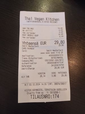Bill at Thai Vegan Kitchen in Helsinki