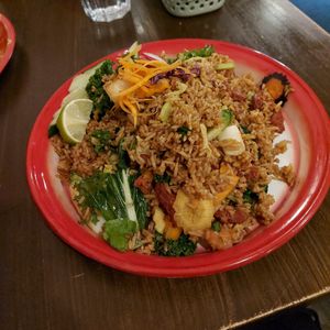 Fried rice with red "pork" soy protein at Thai Vegan Kitchen in Helsinki