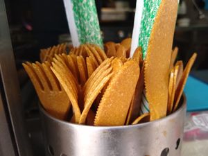 Reusable cutlery made of pressed wood chips or fibers, I think. at Thai Vegan Kitchen in Helsinki