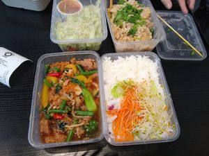 Here are the two entrees we bought, plus rice and a salad. at Thai Vegan Kitchen in Helsinki