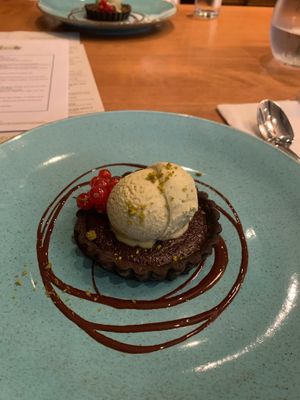 Chocolate fondant and pistachio ice cream  at Woodlands in Bury St Edmunds