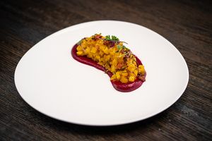 Golden Beet Brunoise

Golden beet marinated in housemade mango dressing over citrusy red beet puree. Topped with sundried tomato, jalapeno, and furikake. at Saffron in Las Vegas