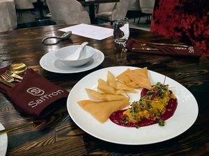 Two kinds of beets with wonton chips at Saffron in Las Vegas