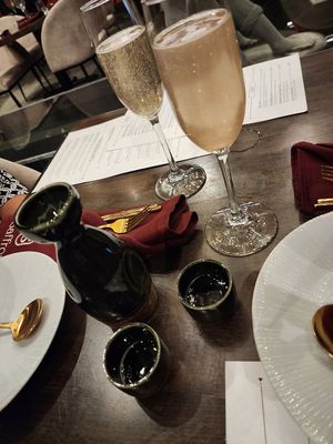 Glittery Champagne and Lychee Sake  at Saffron in Las Vegas