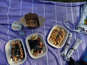 from left to right: ninja roll, miso soup, spider hand roll, shrimp hand roll, spam nigiri, gyoza, crunchy cali roll  at Kensho in Yorba Linda