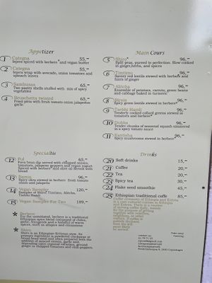 Menu at Injera in Copenhagen