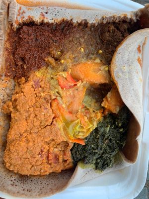 Green lentils, and a red spicy sauce  at Injera in Copenhagen