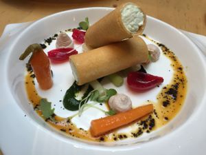 Tomato salad and coconut yoghurt cannelloni at Hectors Restaurant in Auckland