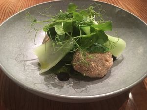 Cauliflower Spinach Cakes: Semolina crumbed with tofu filling, bok choy, salsa verde & black garlic cream at Hectors Restaurant in Auckland