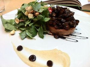 Mushroom tartlet: Cumin and parsnip puree, black garlic, tatsoi, crouton and hazelnut salad. (And the mushrooms had a layer of caramelised onion inside.) at Hectors Restaurant in Auckland