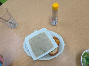 Mushroom soup. The crispy bread dipped in mushroom soup is very nice  at i Vege in Johor Bahru