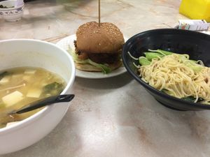 Miso soup, mushroom burger and pumpkin noodles at i Vege in Johor Bahru