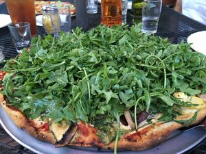 Arugula, Marinated Portobello, and caramelised Onion at Pizza Research Institute in Eugene