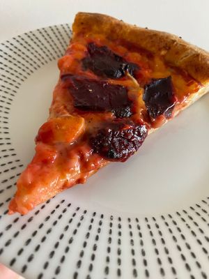 Amazing pizza. I think this might have had beetroot on. Who knows? Who cares? Best vegan pizza ever.  at Honeymans of Bowburn in Durham