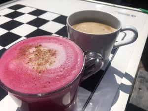 Beetroot latte and flat white  at Honeymans of Bowburn in Durham