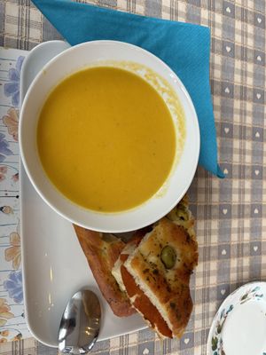 Coconut, ginger and carrot with a focaccia sandwich   at Honeymans of Bowburn in Durham
