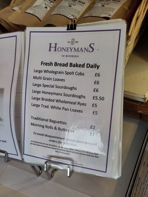Bread menu at Honeymans of Bowburn in Durham