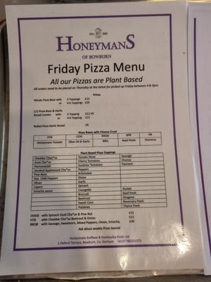 Pizza menu at Honeymans of Bowburn in Durham