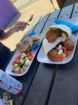 Greek salad, pitta, bagel (vegan feta)  at Honeymans of Bowburn in Durham