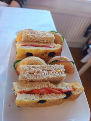 Cream cheese cucumber, focaccia with tomato and chuna sweetcorn at Honeymans of Bowburn in Durham