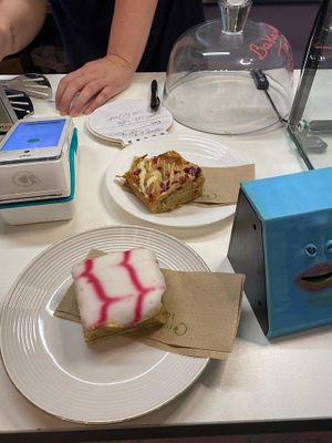 Bakewell tart and raspberry & white chocolate blondie at Compassionate Kitchen in Morley