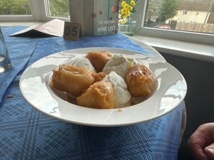 Banana fritters in vegan batter at Woks Bar and Restaurant in Brandon