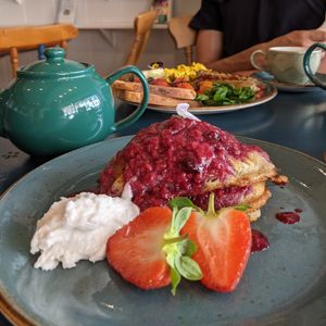 Blueberry pancake stack (brunch menu) at Pot & Page in Ledbury
