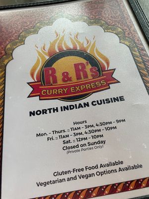 Front of menu at R & R's Curry Express in Fort Smith