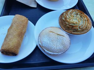 Veg sausage roll, chickpea & curried veg pie and an apple rhubarb pie. at Mountain High Pies in Wentworth Falls