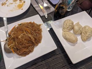 Soy 'spaghetti' with mixed veggies & vegetable "ravioli" at Trattoria Cinese Longchan in Milan