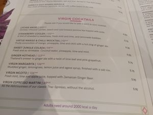 Virgin cocktail menu at Giggling Squid in Leicester