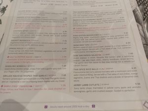 Starters menu at Giggling Squid in Leicester