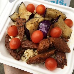 Vegan chick’n adobo with rice.  at No Worries Cuisine in Oakland