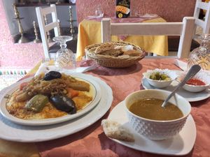 Soup and vegetable cous cous at Dar Al Houma in Essaouira