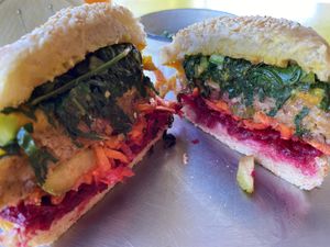 She let me add chard to my burger. Champ.  at Girassol Veg in Florianopolis