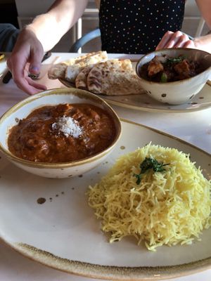 Butter “chicken”, tofu bhuna, garlic naan and pilau rice  at Thindi in Phibsborough