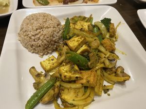 Lemongrass Tofu with rice  at Simple Joy in Honolulu