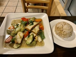 Braised eggplant with rice at Simple Joy in Honolulu