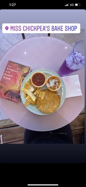 Red bean pupusas and butterfly pea tea (a must!)  at Miss Chickpea's Cafétal in San Antonio