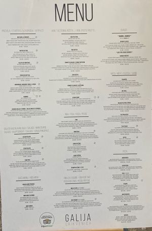 Menu at Restoran Galija in Crikvenica
