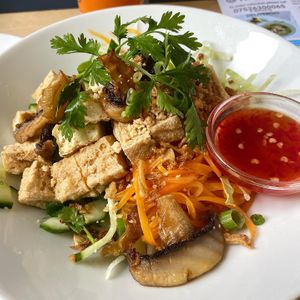 Crispy tofu and mushroom rice noodle salad at AtKitchen in Plymouth