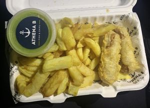 Vegan battered sausages and chips  at Athena B in Portslade