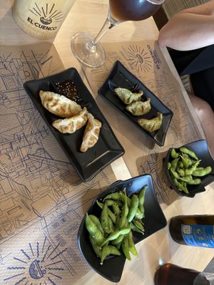 Apple gyoza, veg gyoza, edamamee  at El Cuenco Dorado in Burgos