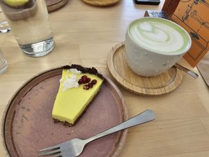 Lemon tart and matcha latte with oat milk at Kafírnictví in Kutna Hora