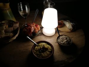 hommus, aubergine dip, tomatoes salad with pesto at A Casarella in Corsica